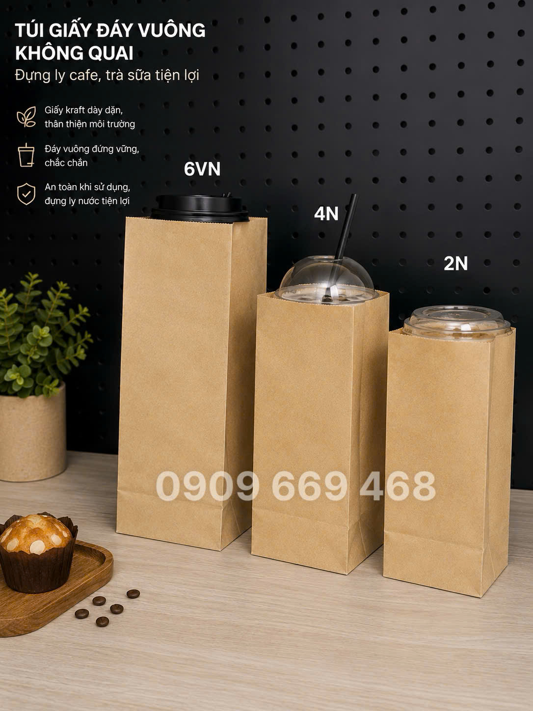 TÚI GIẤY KRAFT KHÔNG QUAI ĐỰNG LY CAFE, TRÀ SỮA CHO F&B